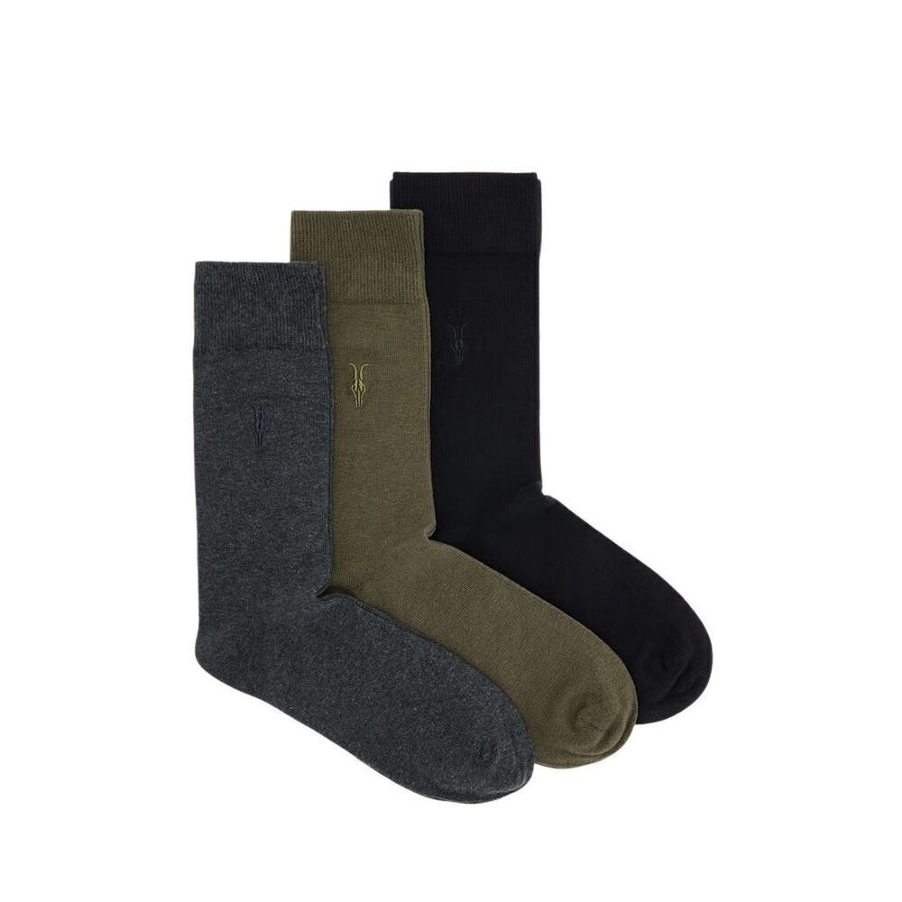 AllSaints Adan Ramskull 3-Pack Crew Socks Men’s 7–13, Cotton Stretch,Green Gray